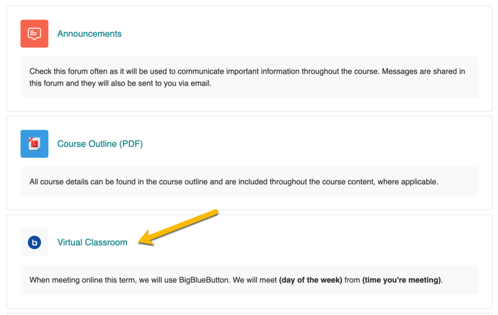 A screenshot of a Virtual Classroom activity in Moodle with an arrow pointing to it
