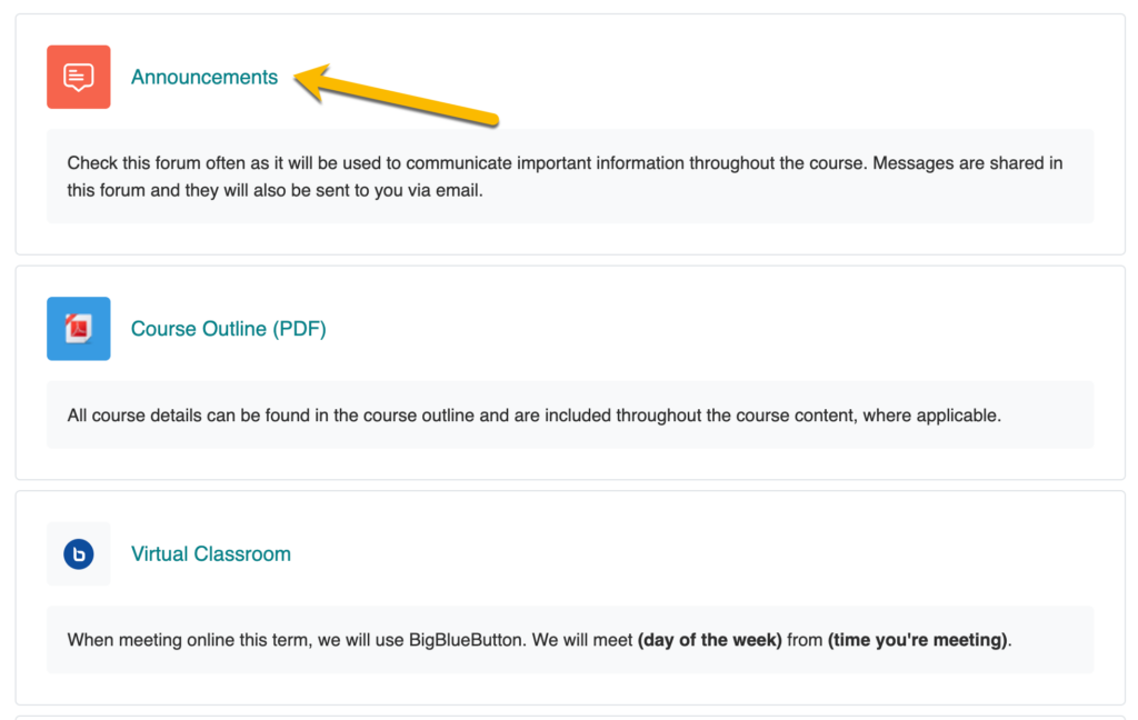 A screenshot of an Announcements activity in Moodle with an arrow pointing to it