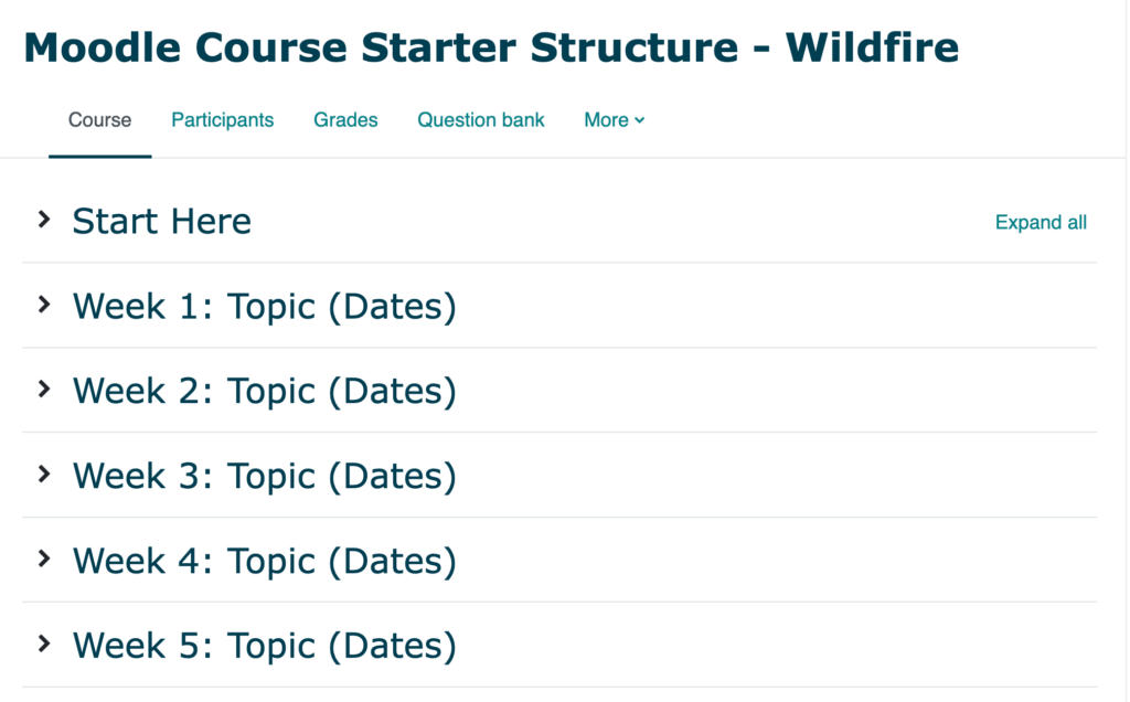 A screenshot of a weekly course structure in Moodle