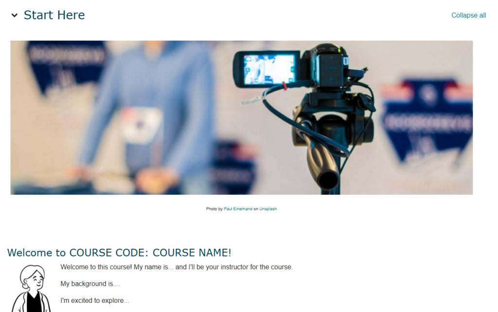 A screenshot of a "Start here" section in a Moodle course